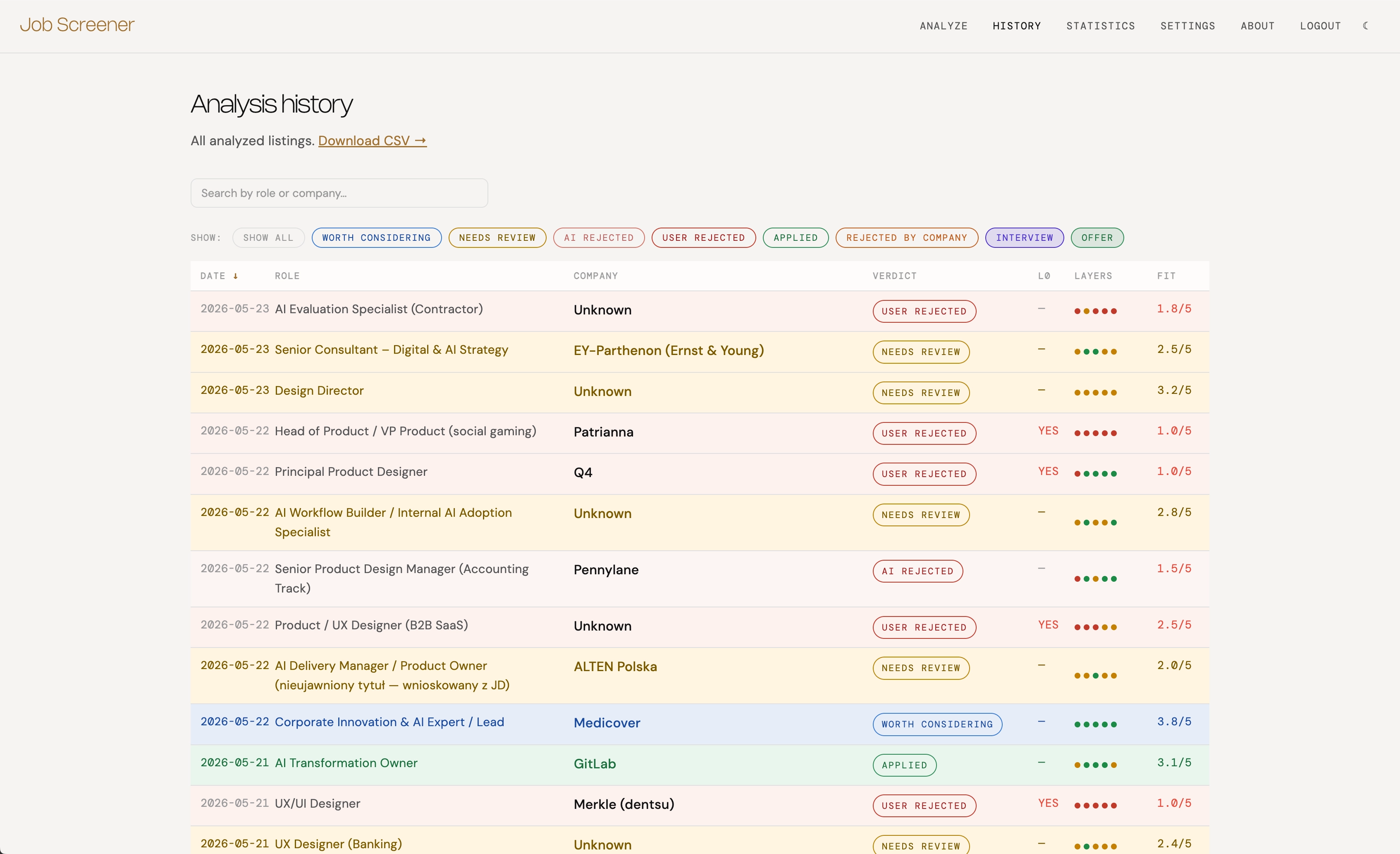 Job Screener analysis history